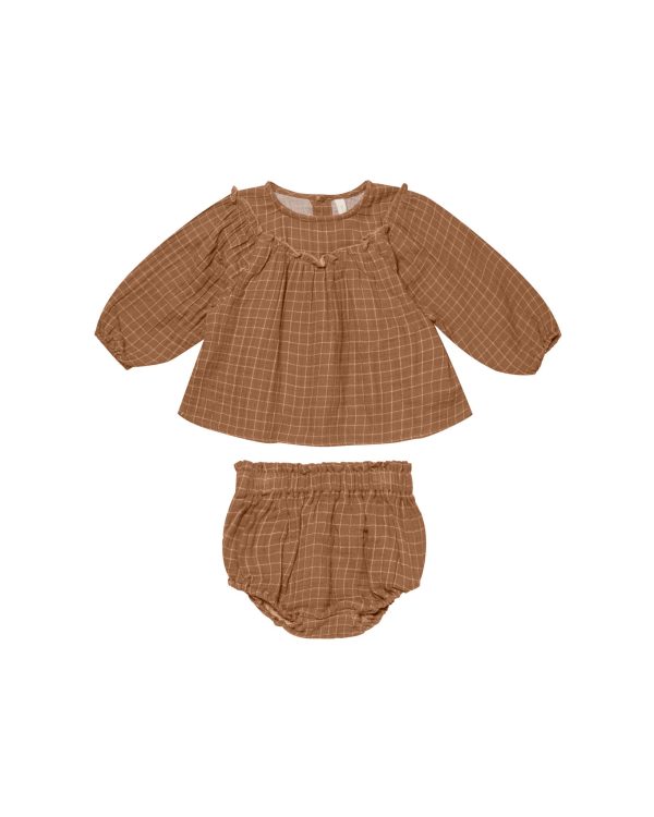 Balloon Sleeve Blouse + Bloomer Set Cinnamon Grid Online Sale